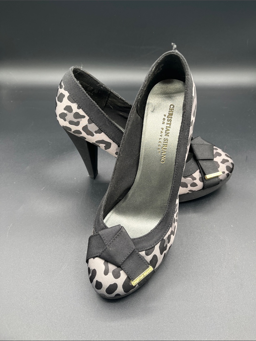 Christian Siriano Black and Gray Leopard Print Bow Pumps